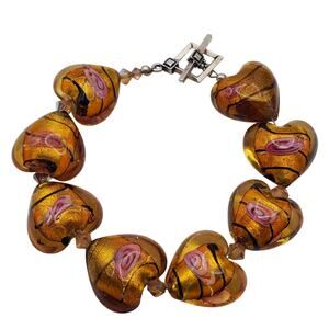 Murano Style Glass Heart Bead Bracelet Gold Foil Pink Lampwork Art Glass Jewelry